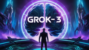 "A futuristic, high-tech scene featuring a glowing AI interface with the words 'Grok-3' displayed prominently. In the background, a cyberpunk-style cityscape with neon blue and purple lights. A silhouette resembling Elon Musk stands in front of a giant digital brain made of interconnected circuits, symbolizing advanced artificial intelligence. The atmosphere is dynamic, suggesting innovation and a breakthrough in AI technology."