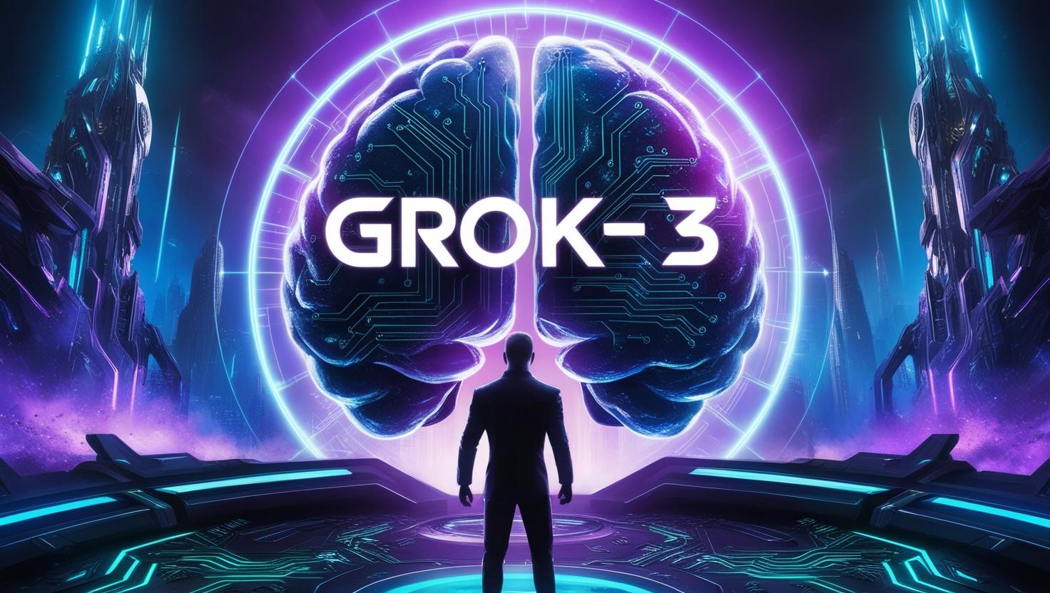 "A futuristic, high-tech scene featuring a glowing AI interface with the words 'Grok-3' displayed prominently. In the background, a cyberpunk-style cityscape with neon blue and purple lights. A silhouette resembling Elon Musk stands in front of a giant digital brain made of interconnected circuits, symbolizing advanced artificial intelligence. The atmosphere is dynamic, suggesting innovation and a breakthrough in AI technology."